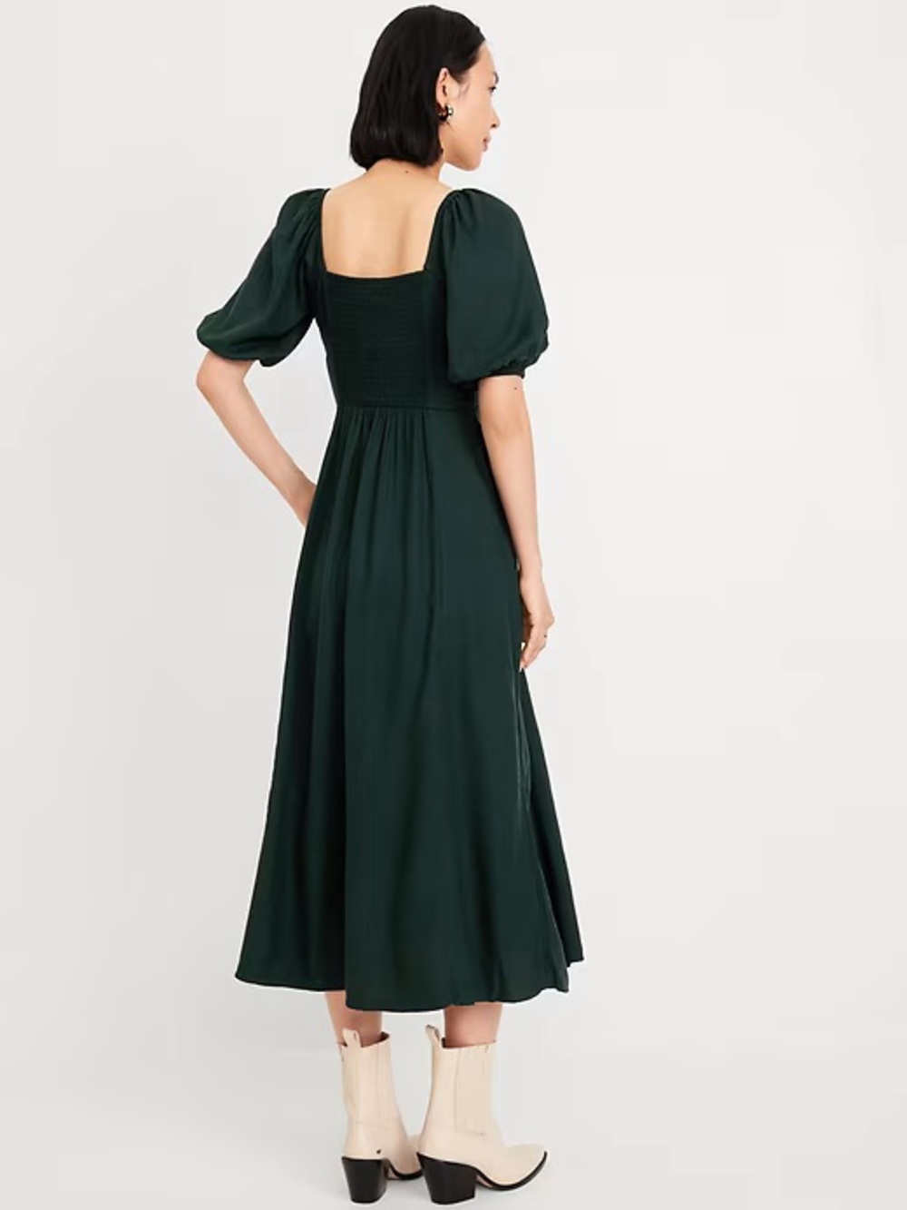Old Navy Fit & Flare Forest Green Square Neck Puff-Sleeve Midi Dress - Picture 2 of 3